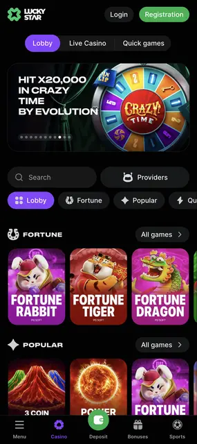 Lucky Star — portada del casino con Fortune Rabbit, Fortune Tiger y Fortune Dragon