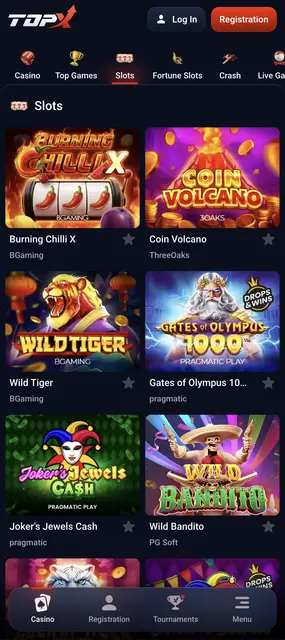 Web móvil de TopX, sección de slots con Gates of Olympus 1000 y Wild Tiger