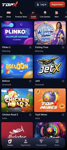 Sección de juegos crash con JetX, Plinko 2 y Aviator en la versión móvil de TopX